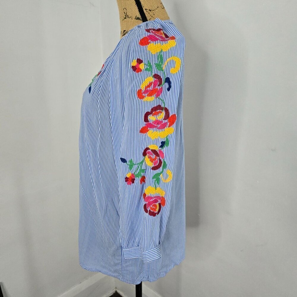 Artisan NY Blue Striped Flowy Colorful Floral Embroidery Boho Top - Picture 2 of 12